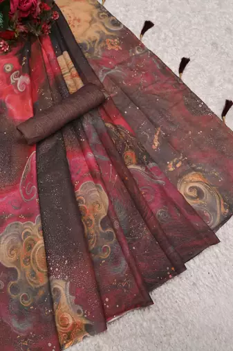 mauve purple shimmer handloom cotton blend saree brush stroke abstract print