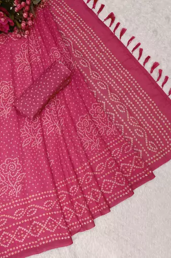 women's pink magenta shimmer handloom cotton saree - bandhani paisley print