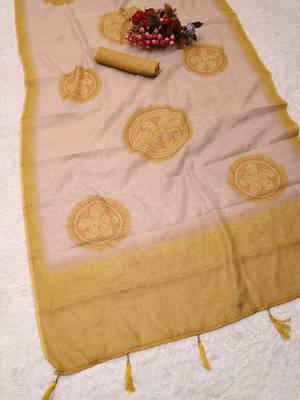 cream mustard shimmer handloom cotton blend digital print saree 3