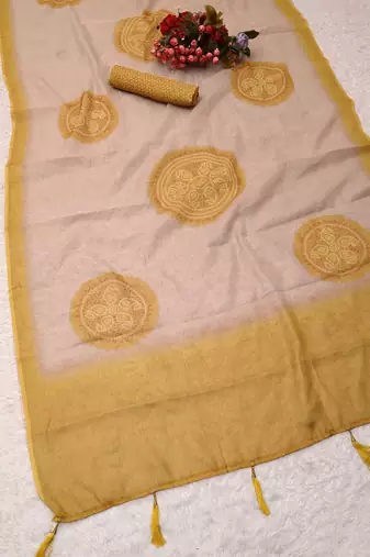 cream mustard shimmer handloom cotton blend digital print saree