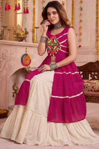 Cream Cotton Gamthi Work Lehenga Choli Set