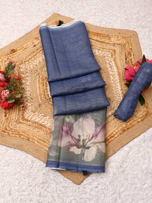 blue shimmer handloom cotton blend saree ombre floral print 1