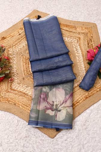 blue shimmer handloom cotton blend saree ombre floral print