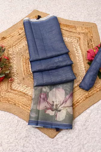 blue shimmer handloom cotton blend saree ombre floral print