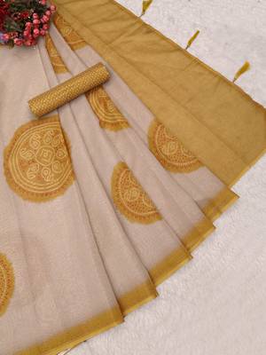 cream mustard shimmer handloom cotton blend digital print saree 4