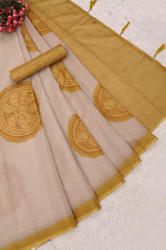 cream mustard shimmer handloom cotton blend digital print saree