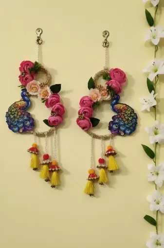 handmade multicolour traditional peacock peony hanging for decorative hanging for home decor (pack of 2)