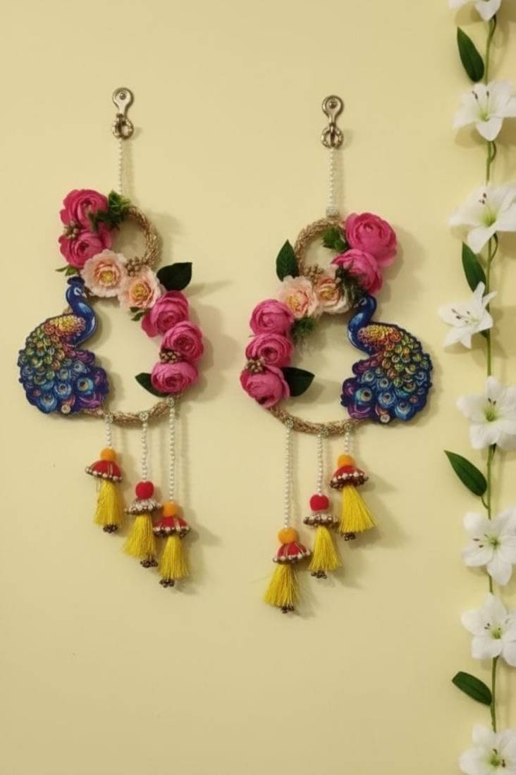 handmade multicolour traditional peacock peony hanging for decorative hanging for home decor (pack of 2)