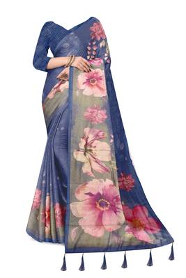 blue shimmer handloom cotton blend saree ombre floral print 2