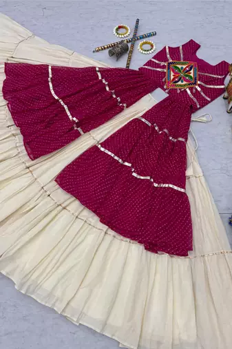Cream Cotton Gamthi Work Lehenga Choli Set