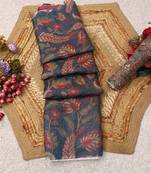 blue pink shimmer handloom cotton blend digital print saree