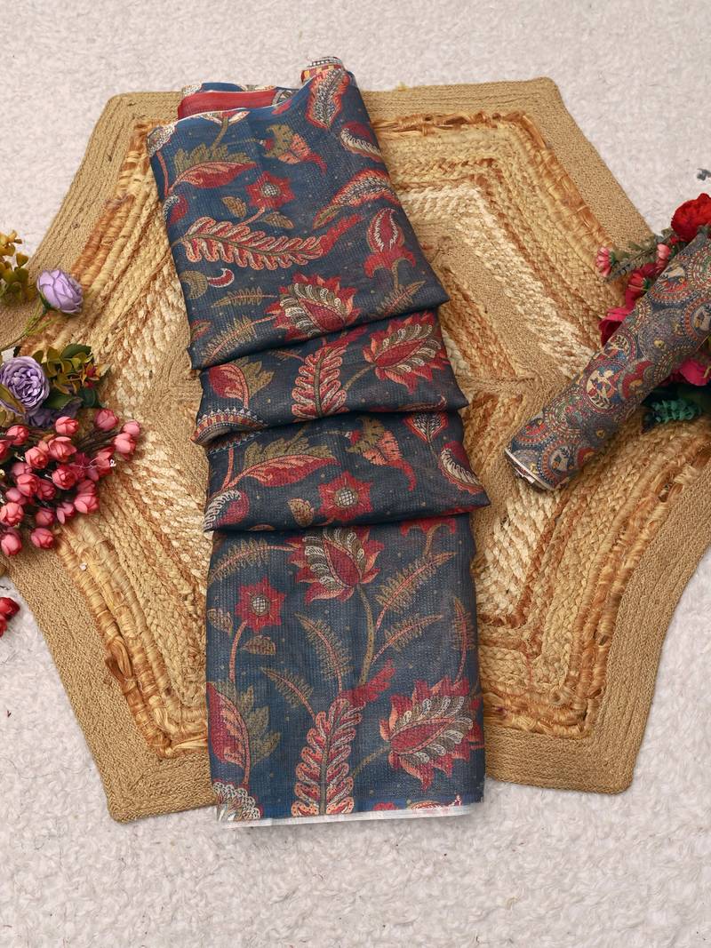 blue pink shimmer handloom cotton blend digital print saree