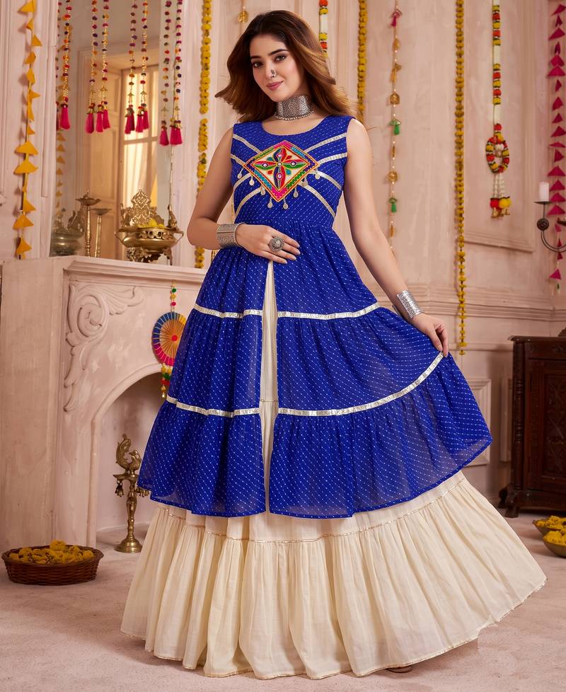 Cream Cotton Gamthi Work Lehenga Choli Set