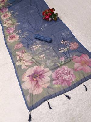 blue shimmer handloom cotton blend saree ombre floral print 3