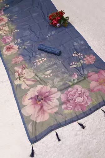 blue shimmer handloom cotton blend saree ombre floral print