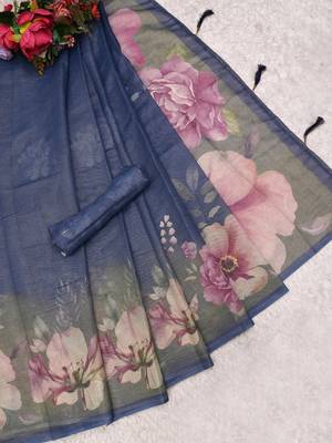 blue shimmer handloom cotton blend saree ombre floral print 4