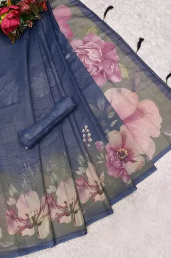 blue shimmer handloom cotton blend saree ombre floral print