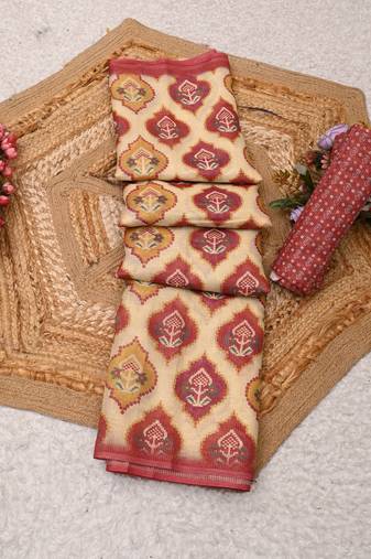 cream pink shimmer handloom cotton blend saree with ikat geometric border print