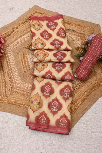 cream pink shimmer handloom cotton blend saree with ikat geometric border print