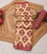 cream pink shimmer handloom cotton blend saree with ikat geometric border print
