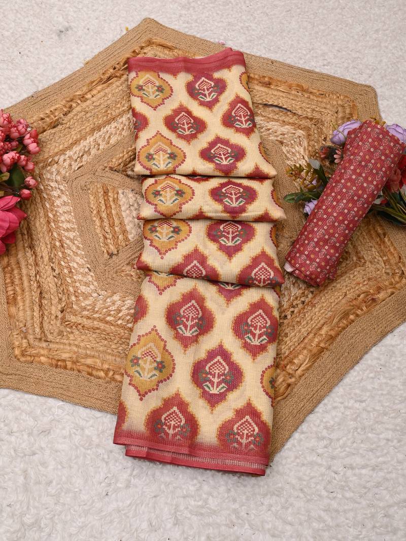 cream pink shimmer handloom cotton blend saree with ikat geometric border print