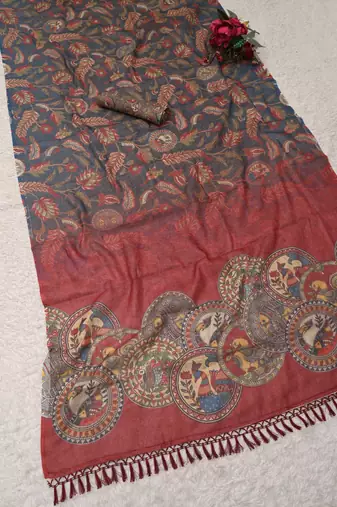 blue pink shimmer handloom cotton blend digital print saree