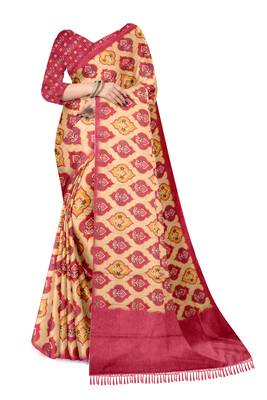 cream pink shimmer handloom cotton blend saree with ikat geometric border print 2