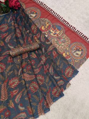 blue pink shimmer handloom cotton blend digital print saree 4