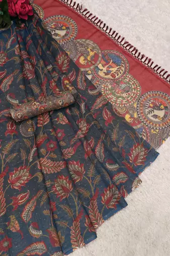 blue pink shimmer handloom cotton blend digital print saree