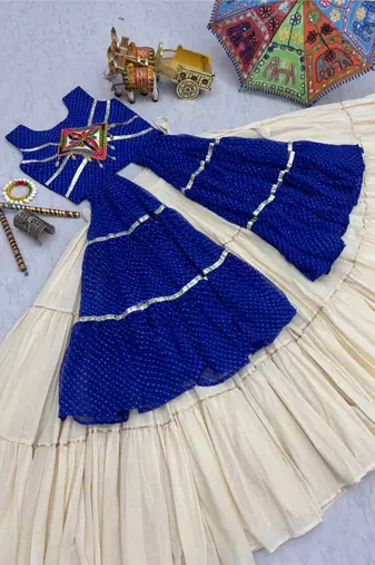 Cream Cotton Gamthi Work Lehenga Choli Set