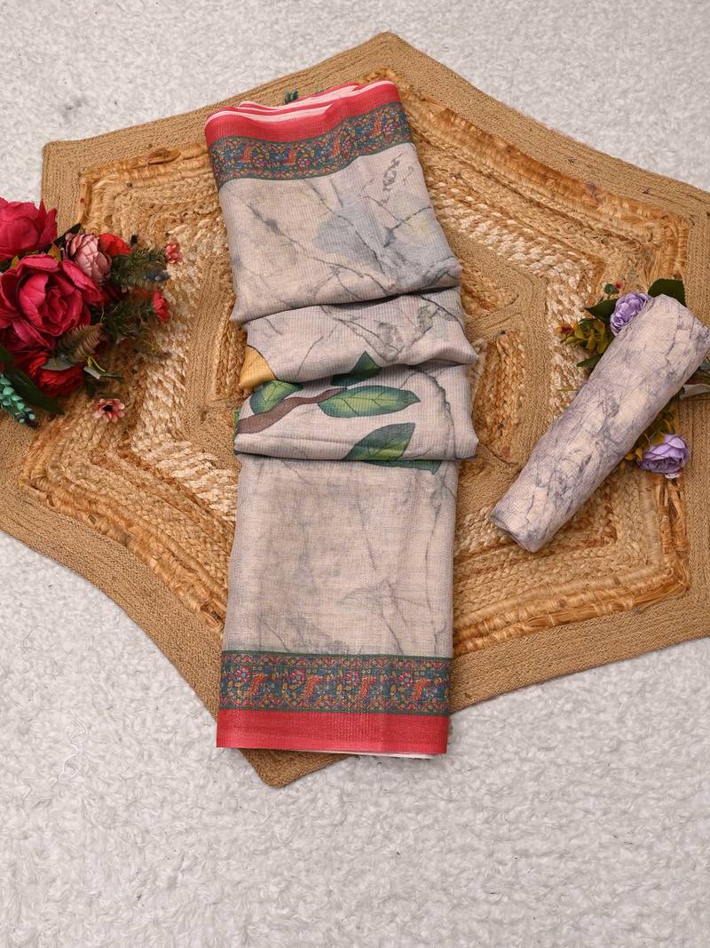 beige shimmer handloom cotton blend digital print saree (t sfshmr14)
