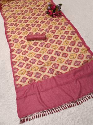 cream pink shimmer handloom cotton blend saree with ikat geometric border print 3