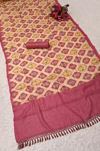 cream pink shimmer handloom cotton blend saree with ikat geometric border print