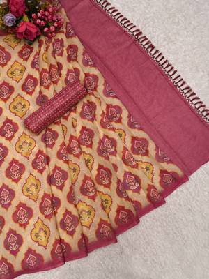 cream pink shimmer handloom cotton blend saree with ikat geometric border print 4