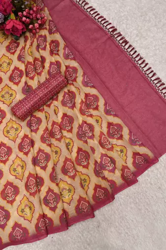 cream pink shimmer handloom cotton blend saree with ikat geometric border print