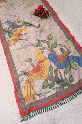 beige shimmer handloom cotton blend digital print saree