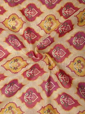 cream pink shimmer handloom cotton blend saree with ikat geometric border print 5