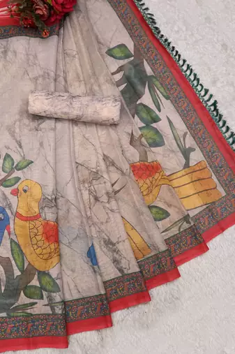 beige shimmer handloom cotton blend digital print saree