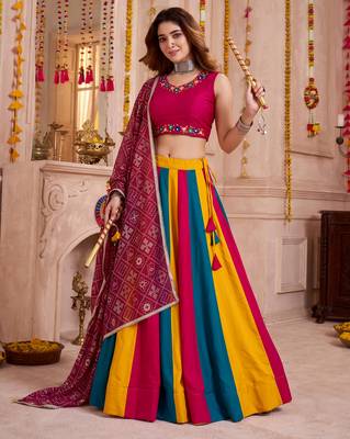 Multicolor Cotton Mirror Embroidered Lehenga Choli with Dupatta 1
