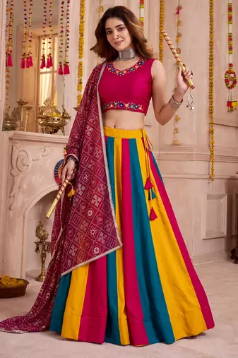 Multicolor Cotton Mirror Embroidered Lehenga Choli with Dupatta