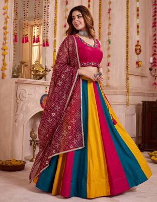 Multicolor Cotton Mirror Embroidered Lehenga Choli with Dupatta 2
