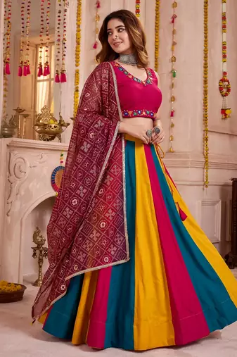 Multicolor Cotton Mirror Embroidered Lehenga Choli with Dupatta