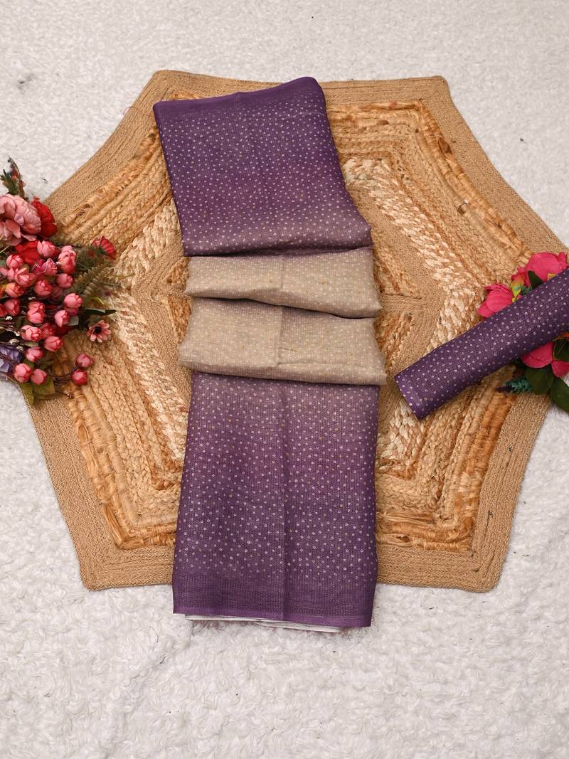 purple mauve shimmer handloom cotton blend saree with ombre plain to print