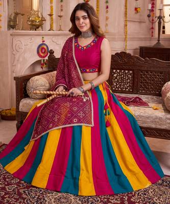 Multicolor Cotton Mirror Embroidered Lehenga Choli with Dupatta 3