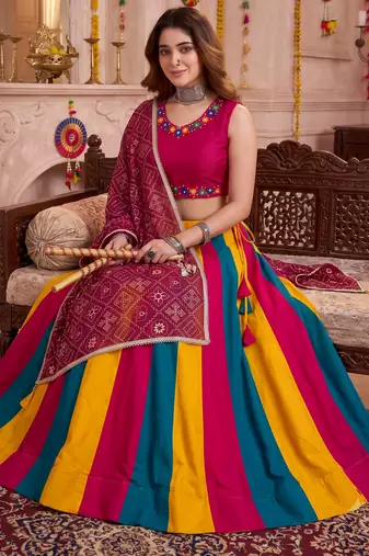 Multicolor Cotton Mirror Embroidered Lehenga Choli with Dupatta