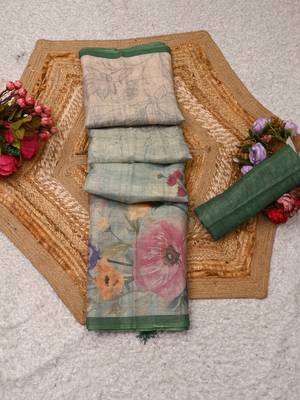 mint green shimmer handloom cotton blend saree floral border print 1