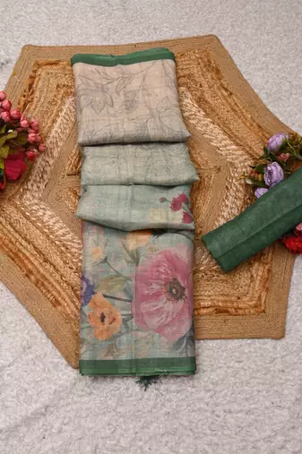 mint green shimmer handloom cotton blend saree floral border print
