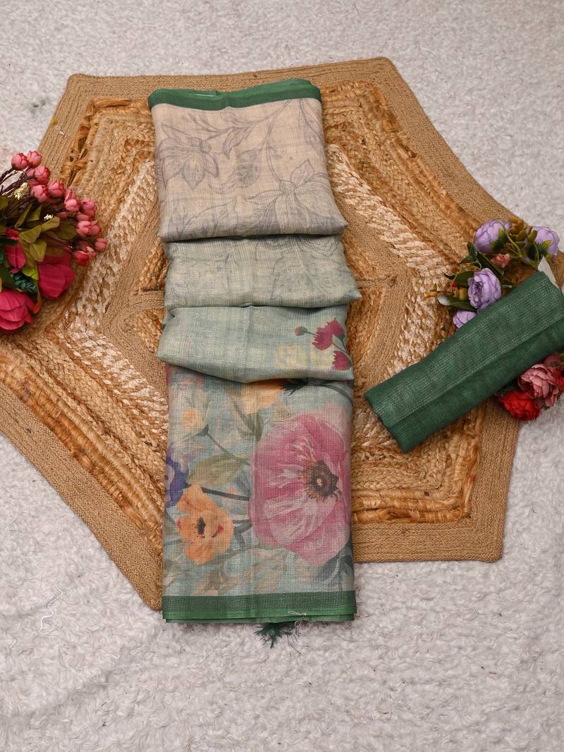mint green shimmer handloom cotton blend saree floral border print