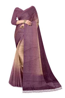 purple mauve shimmer handloom cotton blend saree with ombre plain to print 2