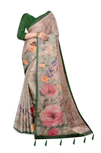 mint green shimmer handloom cotton blend saree floral border print